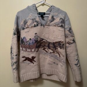 Vintage Ralph Lauren Exclusive Hand Knit Lambswool Hooded Sweater Winter Scene